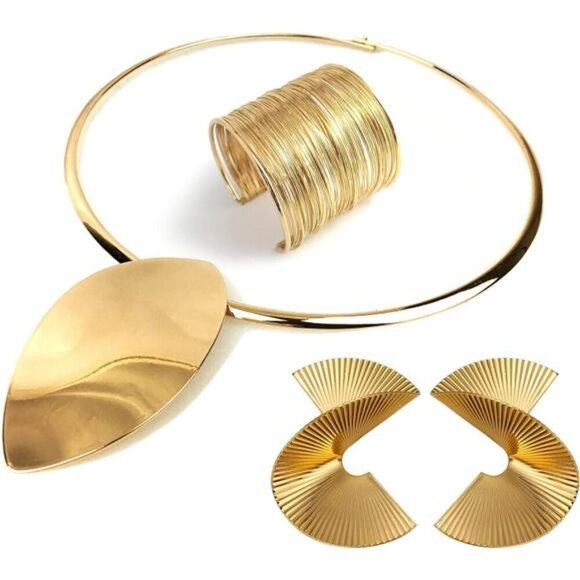 Bohemian Abstract Gold Jewelry Set – Collar Necklace, Coil Cuff & Earrings Set - Picture 1 of 6